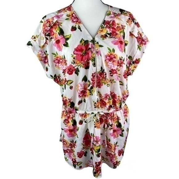Mileage Womens Top Sz 2X Floral Print Elastic Waist Half Zip Short Sleeve Blouse - Picture 1 of 16